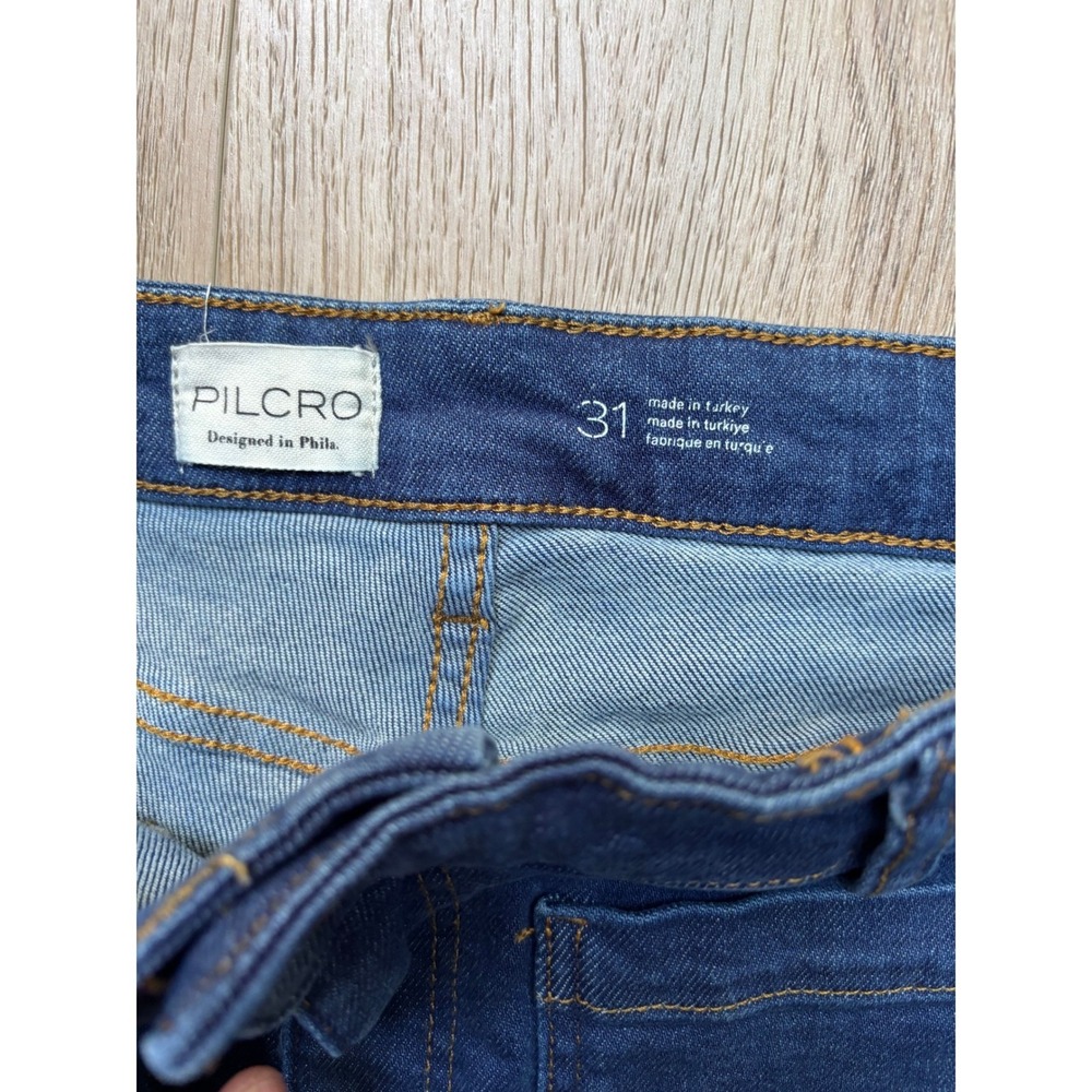 Pilcro and the Letterpress High Rise Flare Jeans Dark Wash Front Patch Pocket 31 - Picture 9 of 11